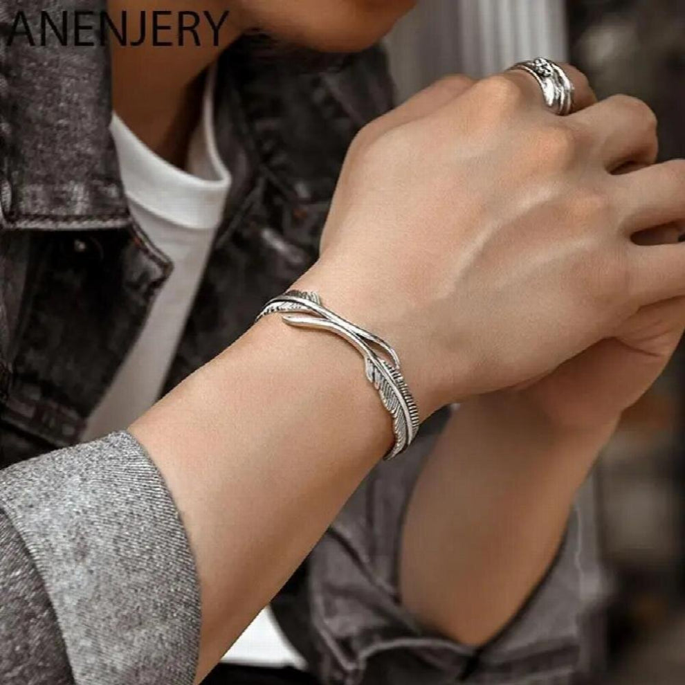 Silver Feather Leaves Cuff Bracelets&Bangles For Women Men VintageThai Silver Hand Jewelry