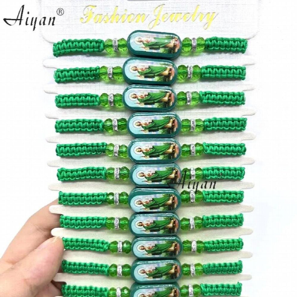 12 Pieces Religious St. Judes Green Rectangular Wood Chip And 6MM Flat Crystal Bracelet Can Be Given As A Gift For Prayer