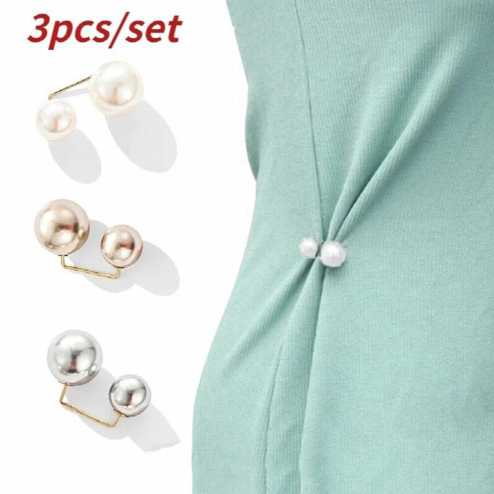 3Pcs-set Women Tightening Waistband Pin Double Pearl Brooches Metal Lapel Pin Brooch Pins Sweater Shirt Cardigan Brooch