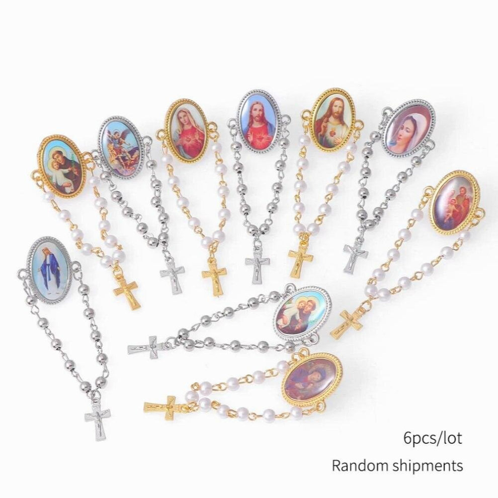 6pcs Religion Vintage Jesus Brooches Cufflinks Sacred Heart Jesus Faux Pearls Crucifix For Women Bag Lapel Pin Broches Jewelry