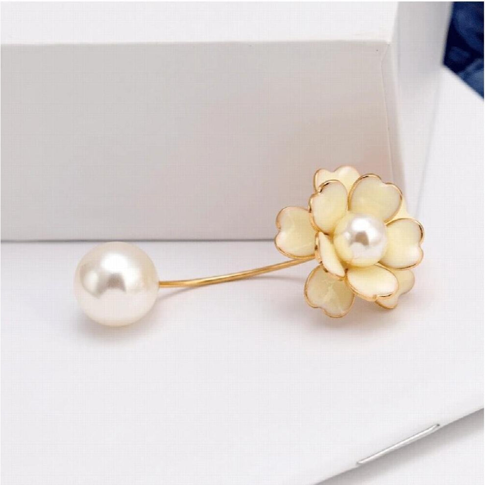Camellia Brooch Metal One Pin Pearl Double Ring Scarf Button Cardigan Sweater Pin Button Girl Women Party Jewelry