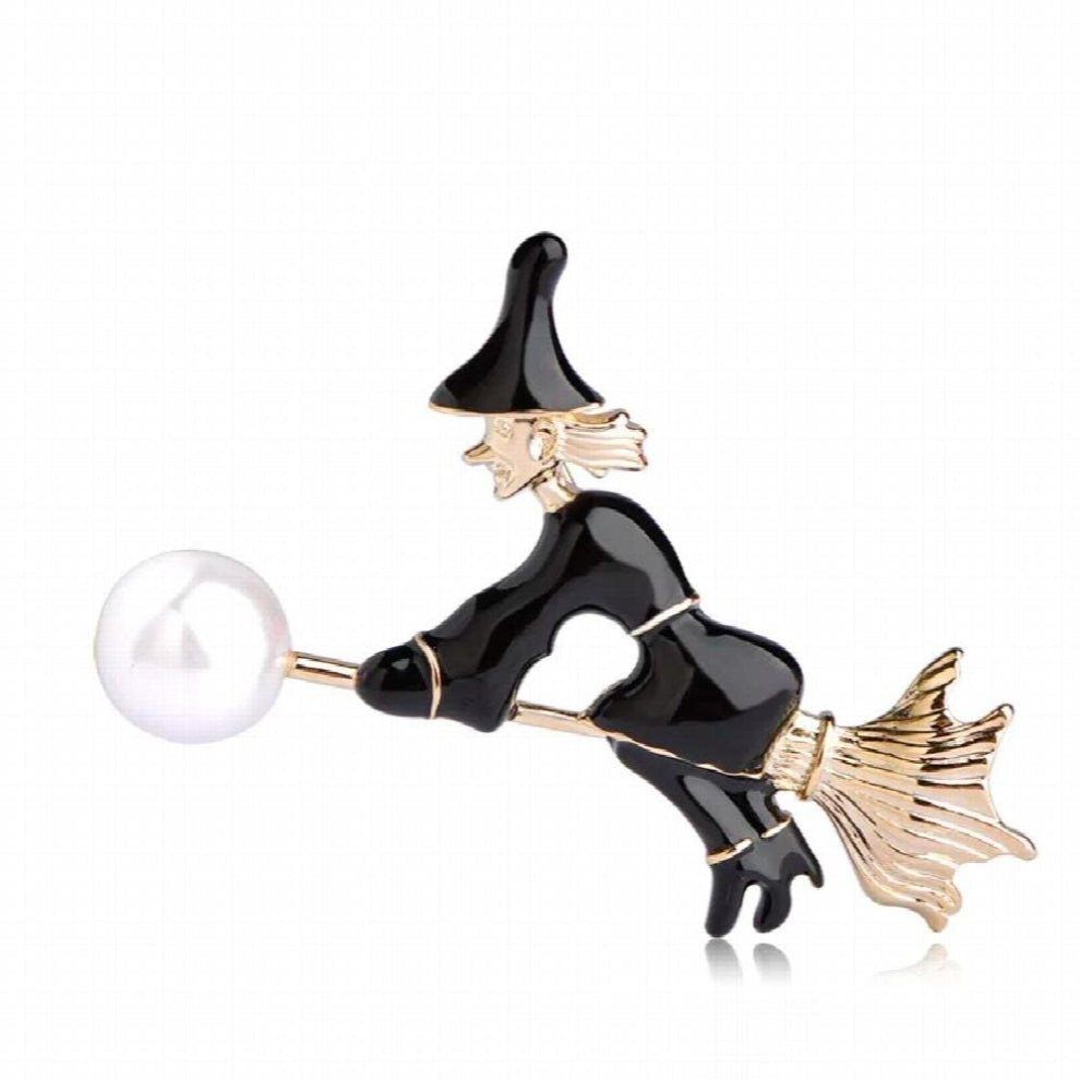 Enamel Witch Besom Broom Brooches Gold-Color Simulated-Pearl Halloween Gift Women Kids Brooch Hijab Pins Figure Corsage