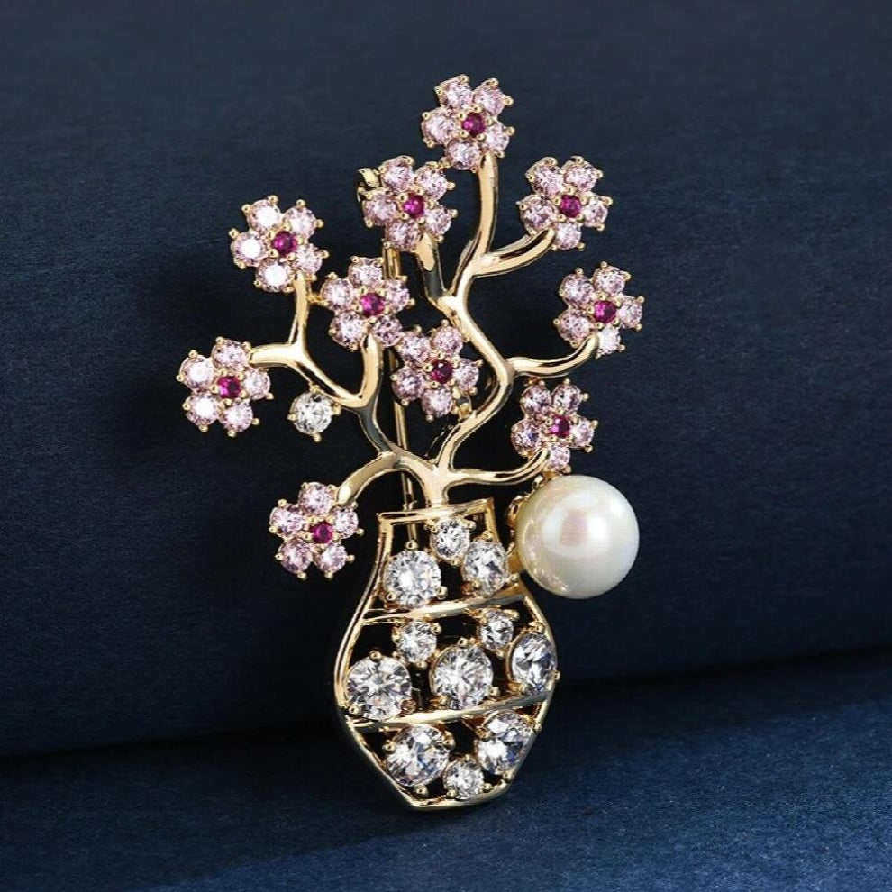 Creative Vase Brooch Pin Zircon Flower Brooches for Women Wedding Jewelry Corsage Christmas Accessories