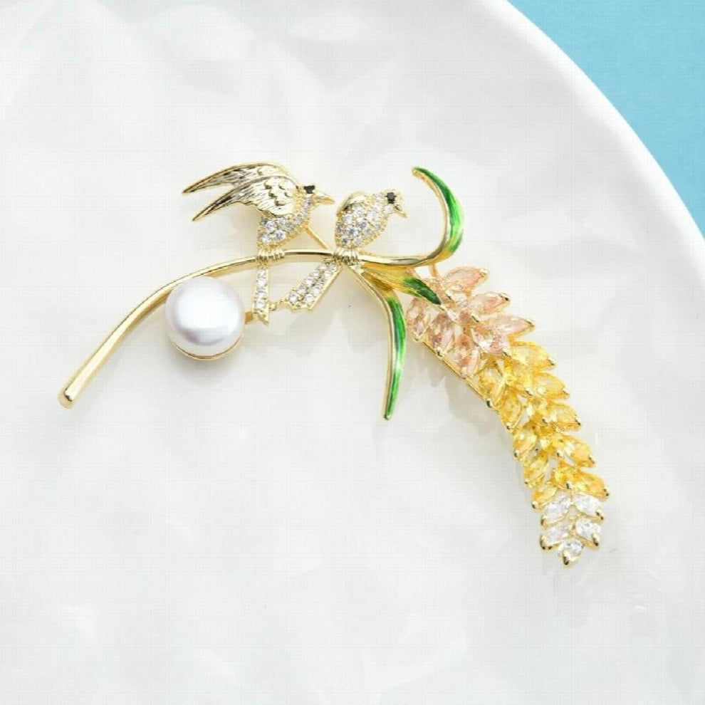 Bird Eating Wheat Brooches For Women Top Cubic Zirconia Natural Pearl Grain Party Office Brooch Pins