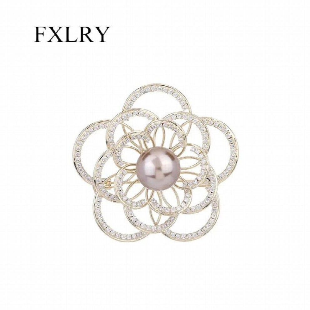 High Cubic Zircon CZ Pearl Flower Brooch Pin For Women Dresses Accessories