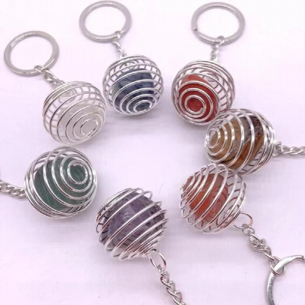 12pcs Cage Spring Net Bag Hold Natural Stone Key Rings Amethysts Rose Aventurine Quartz Crystal Agates Keychains Pendant Bulk