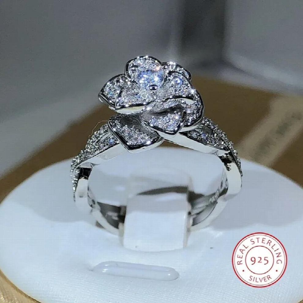 925 Sterling Silver InterTwined Three-Dimensional Rose Ring Zircon Full Diamond Ring Ladies Temperament Jewelry