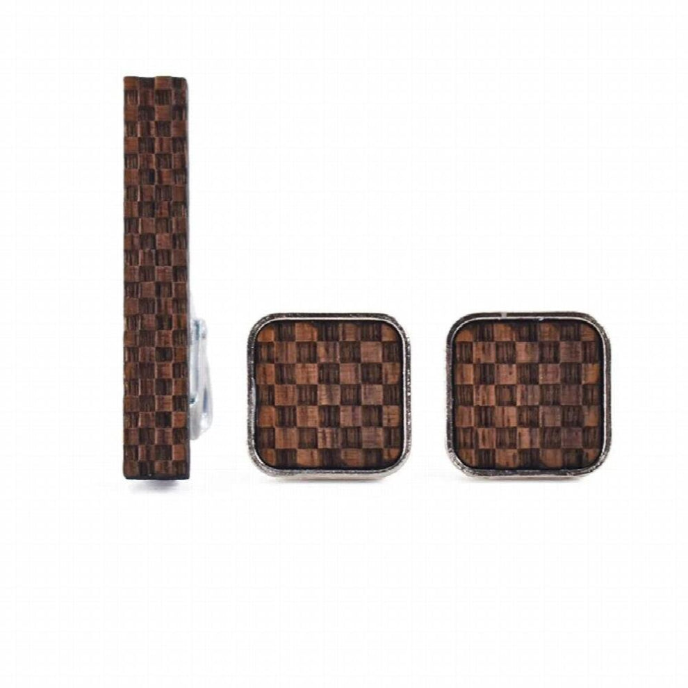 Linbaiway Wooden Cufflinks+Tie Clips+Box Set for Mens High French Shirts Square Cassic Cufflinks Gift Cuff Buttons