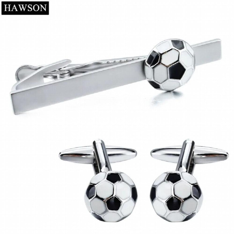 Sporty Football Pattern Mens Cufflinks Tie Bar Set Novelty Soccer Shape Tie Clips With Box