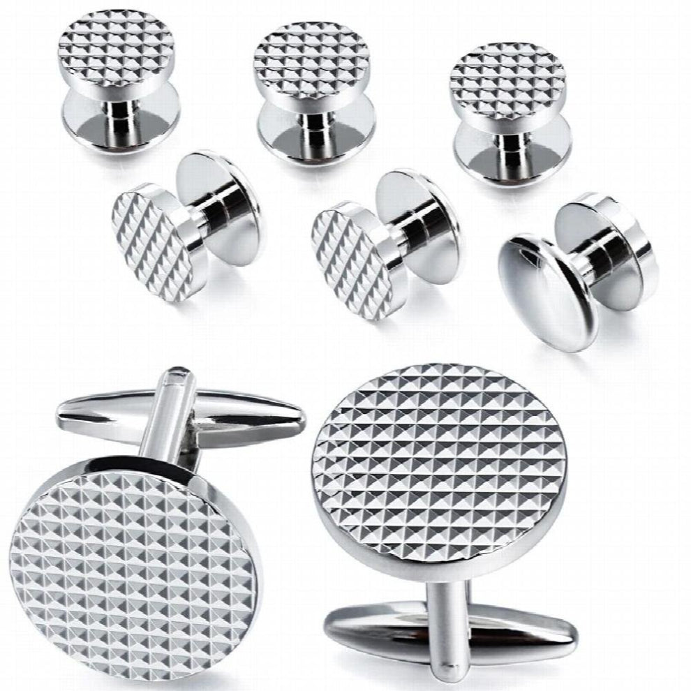 HAWSONs and stylish round metal striped cufflinks and tuxedo shirt stud set are the perfect accessory for meetings