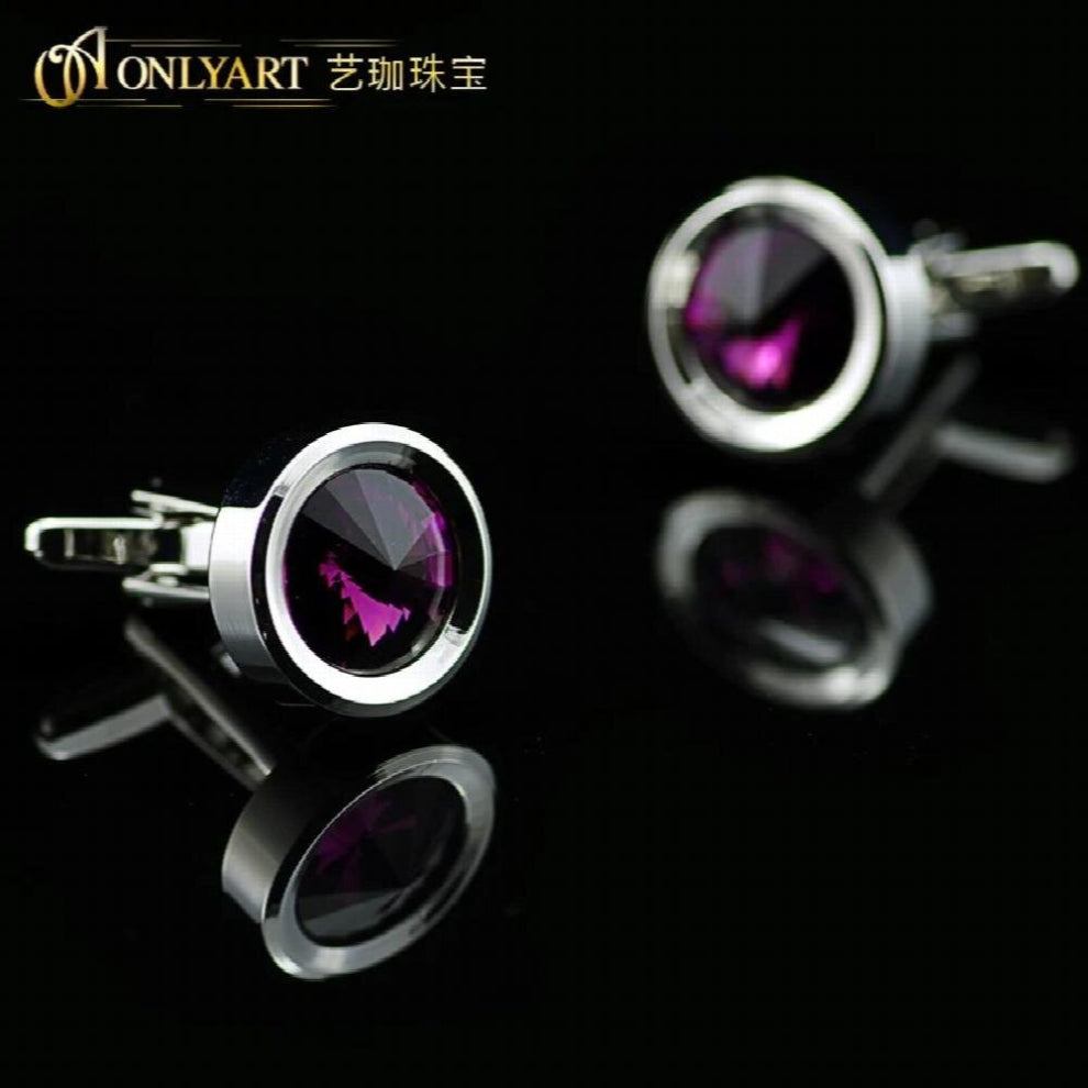 OnlyArt Dark Purple Crystal Cufflink Mens Round Cufflinks Silver Button For Shirts