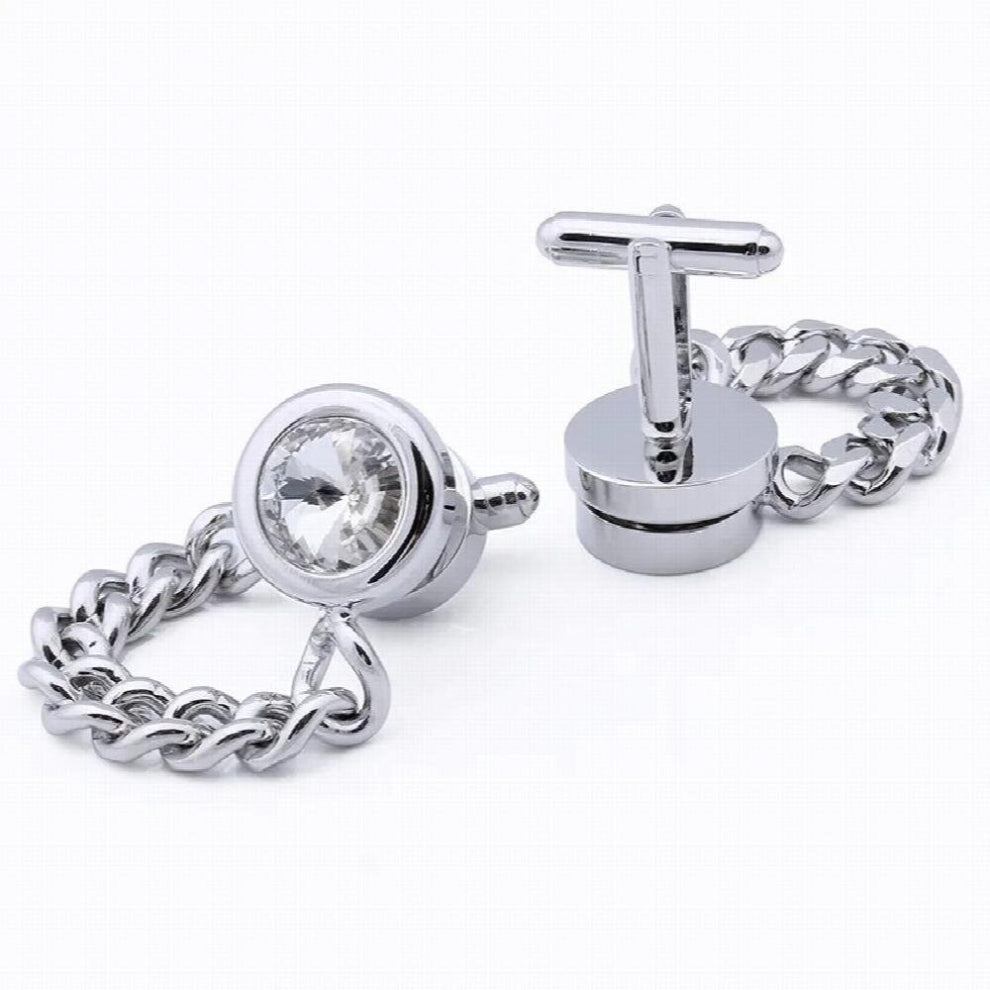 Fancy Cufflinks For Men with Gift Box, Rhodium Tone with Chain, Round Crystal, Accessories French Shirts Tuxedos