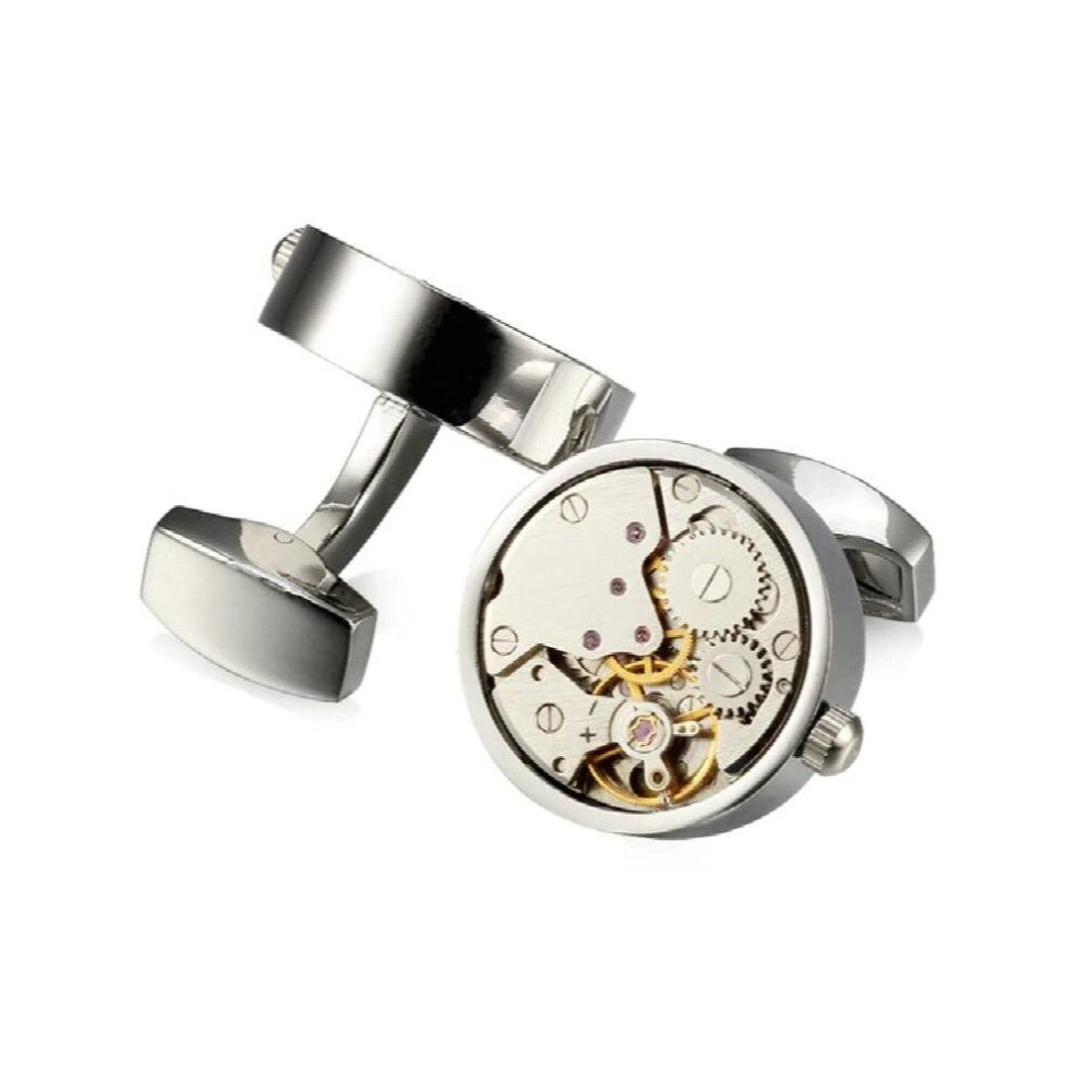 Hot Non-Functional Watch Movement Cufflinks For Mens Round Stainless Steel Silver Steampunk Gear Watch Mechanism Cufflink