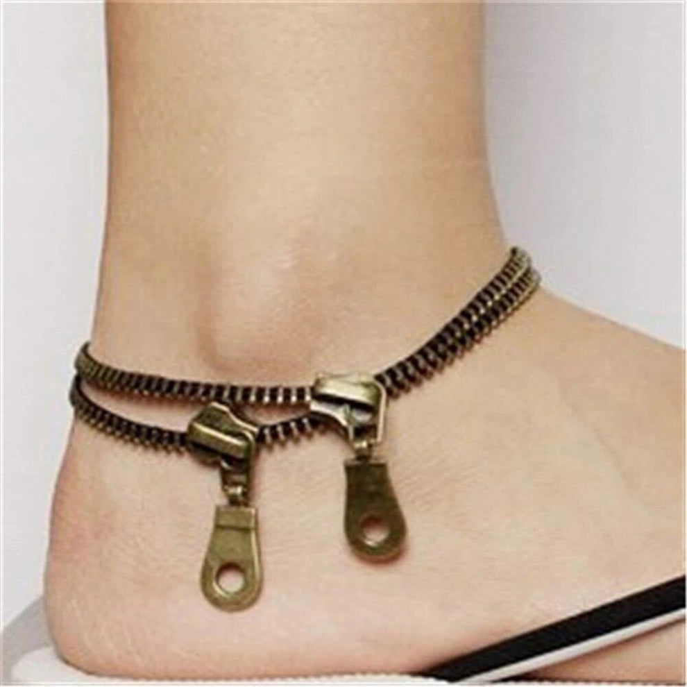 Retro Zipper Anklet Boho Style Double Chain Handcuffs Bracelet Ankle Women Summer Foot Jewelry Friendship