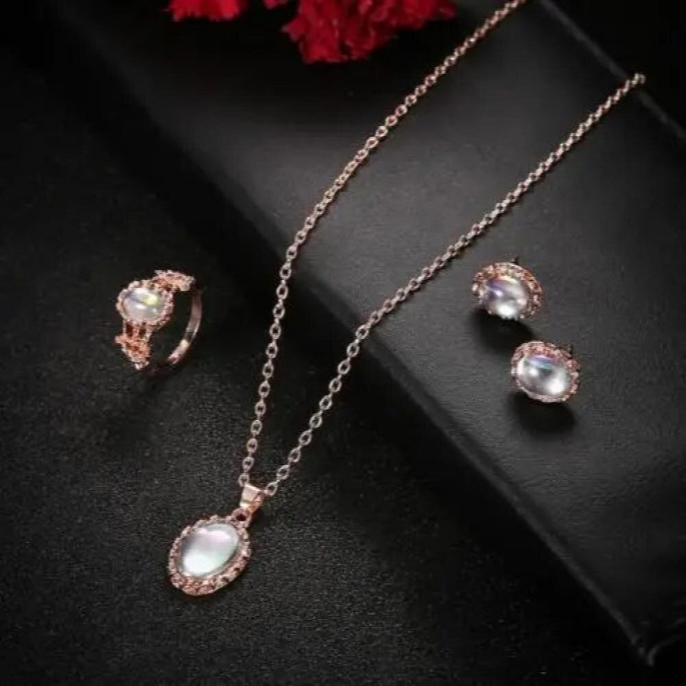 Women Engagement Wedding jewellery Oval Faux Opal Necklace - Ring - Stud Earrings Set jewelry sets