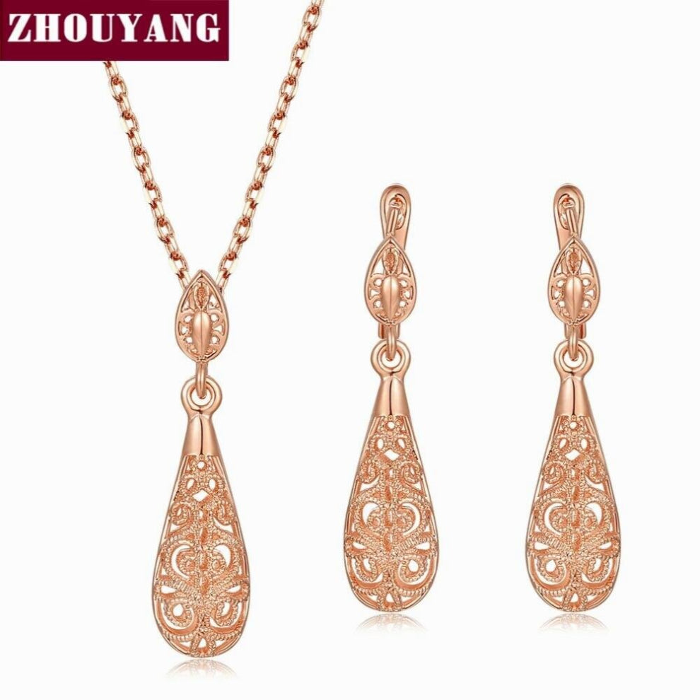 Classic Hollowed-out Water Drop Rose - Sivler Jewelry Sets Necklace+Earring ZYS381 ZYS382