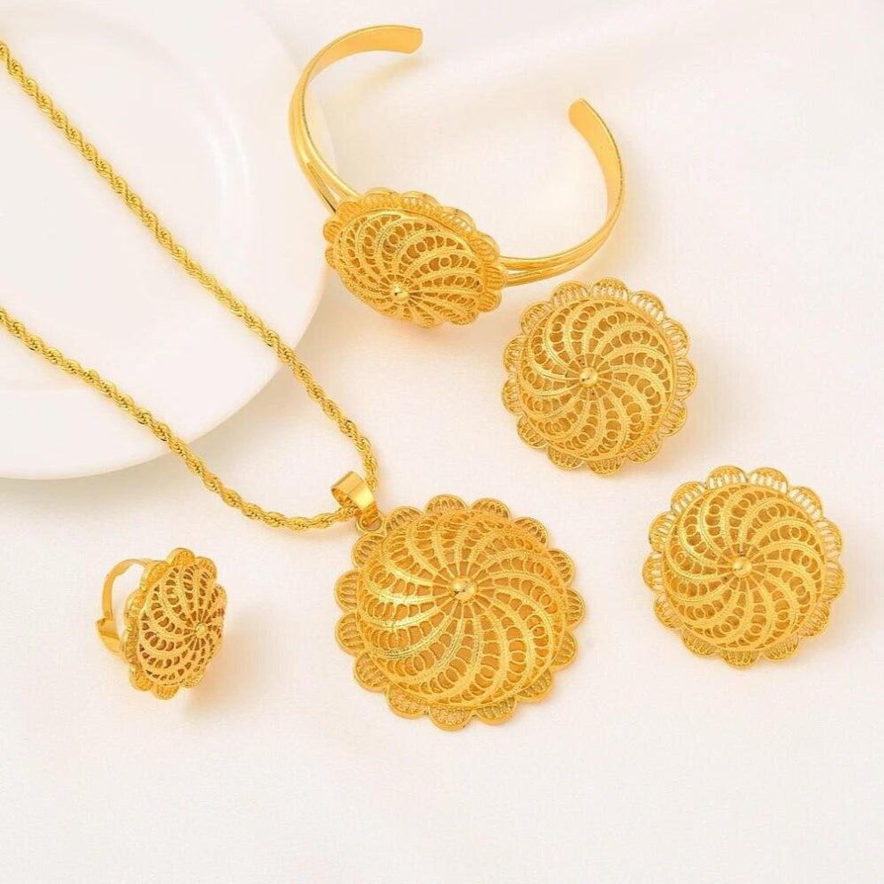 24K Plated Ethiopian Big Size Earrings-Pendant-Ring Jewelry Sets Plate Africa Bride Wedding Eritrea Set Gift