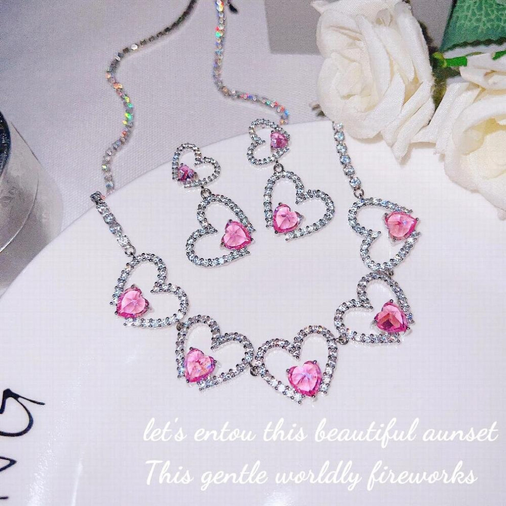 Romantic Love Heart-shaped Pink Stone Prom Wedding Jewelry Sets For Women Accessories Earrings Chokers Necklaces Bridal Set