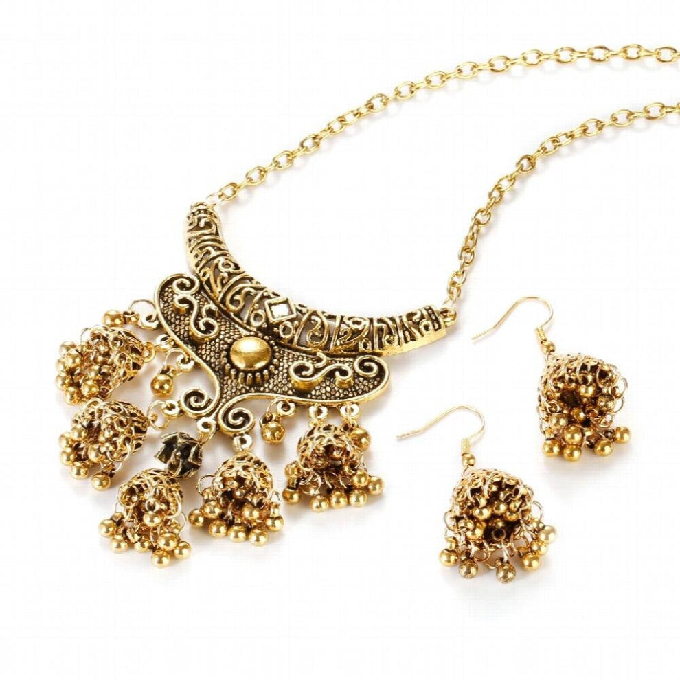 Ethnic Indian Women Jewelry Carved Earring-Necklace Set Vintage Wedding Jewelry Hangers Jhumka Earrings