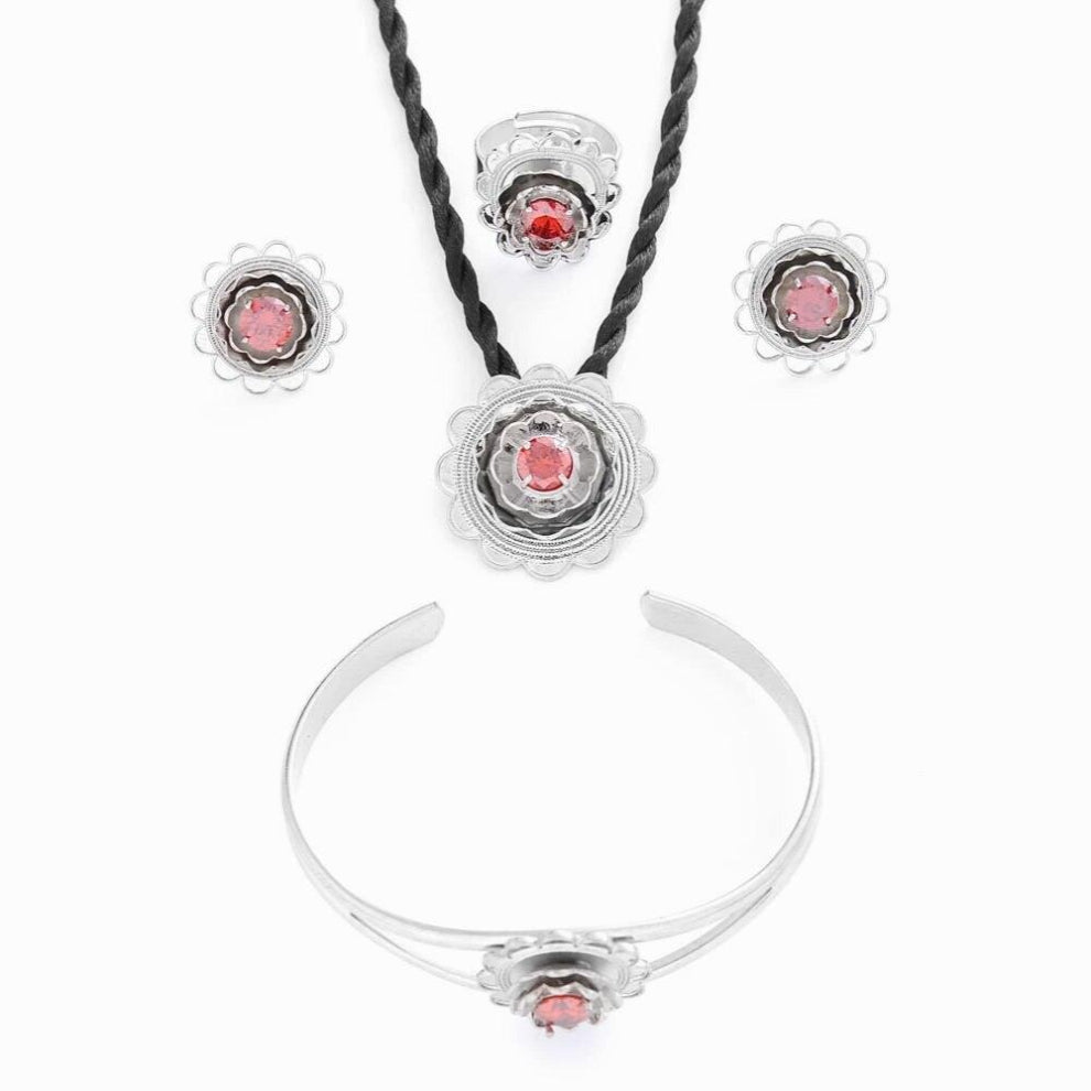 Rhinestone Ethiopian Jewelry Sets Pendant Necklaces-Earrings-Ring-Bangle Plate Africa Bride Wedding Eritrea Gift