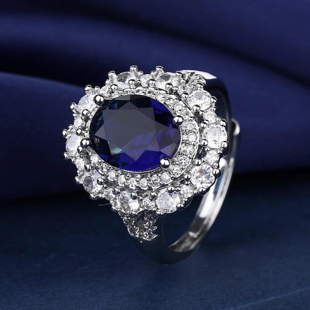 European 925 sterling silver plated Sapphire pendant necklace- earring Ring set women jewelry