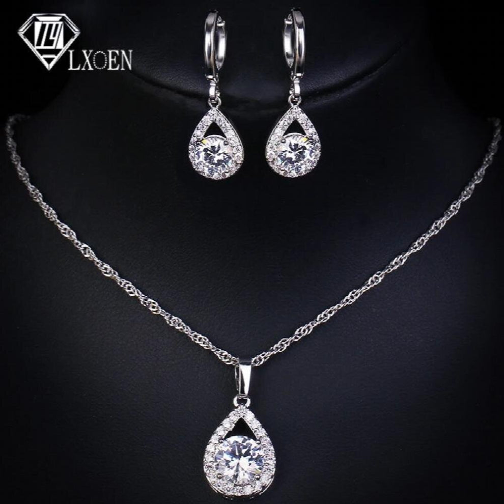 Hallow Water Drop Crystal Jewelry Sets for Women Hoops and Necklace Zircon Wedding Set Jewelry Gift