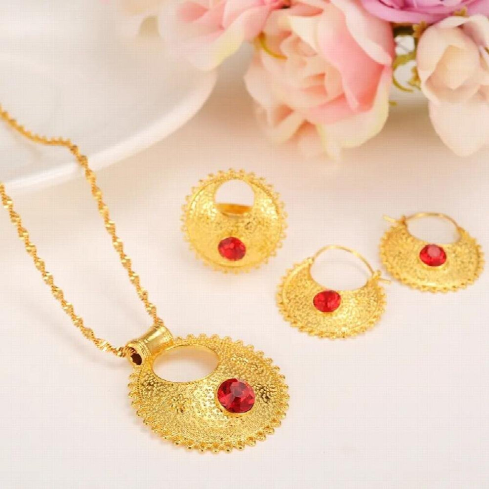 Rhinestone Ethiopian Jewelry sets Pendant Necklaces-Earrings-Ring Ethiopia plate Africa Bride Wedding Eritrea Set Gift