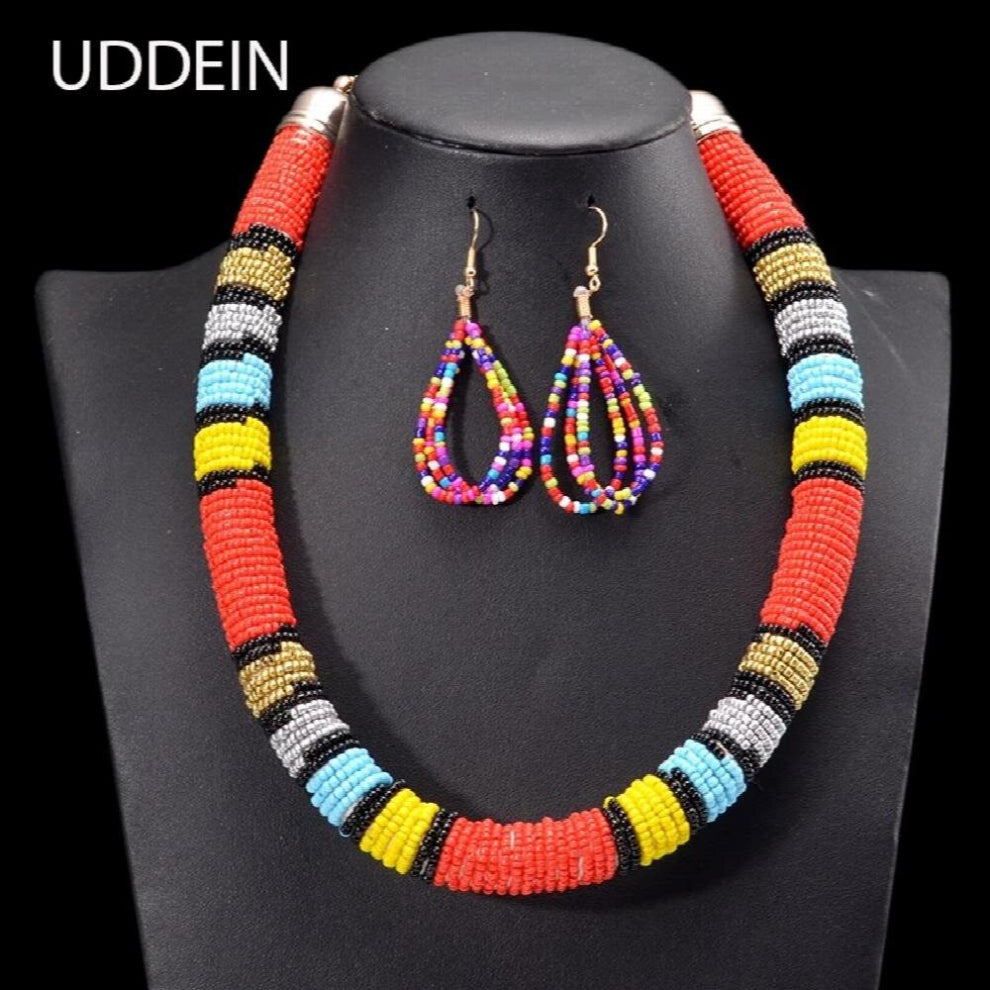 African Beads Jewelry Set Ethnic Customs Chunky Boho Bead Necklace & Pendant Vintage Statement Chokers