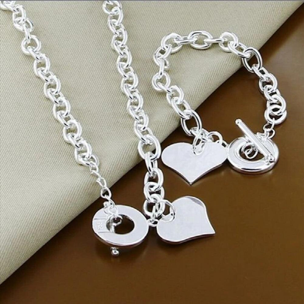 Statement Sliver Plated Jewelry Bright Heart Shape Pendant Necklace+Bracelet Romantic Style Jewelry Sets T280