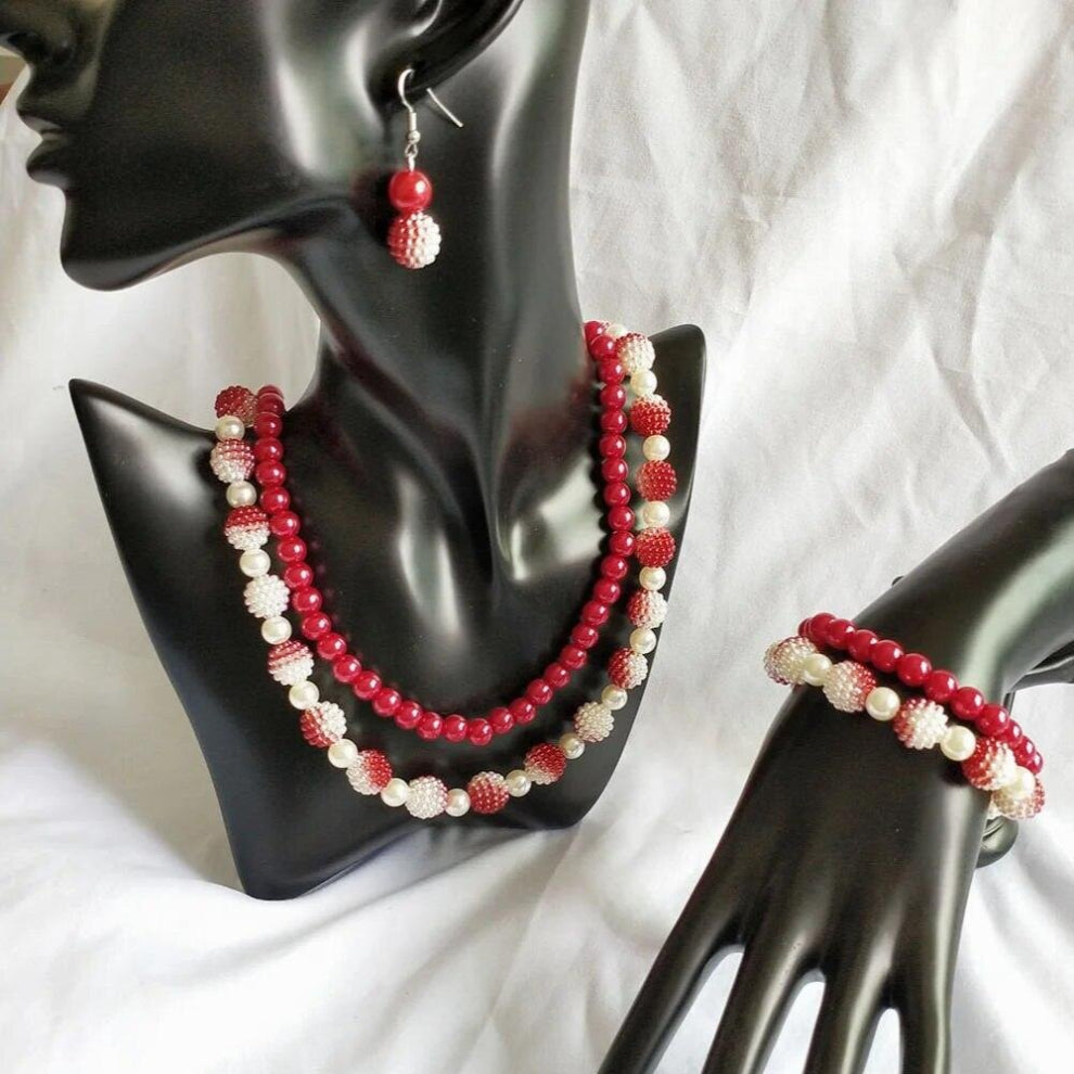 Hand Greek Sorority Double Line Red Classic Collarbone Neck Necklace&Temperament Earrings Set