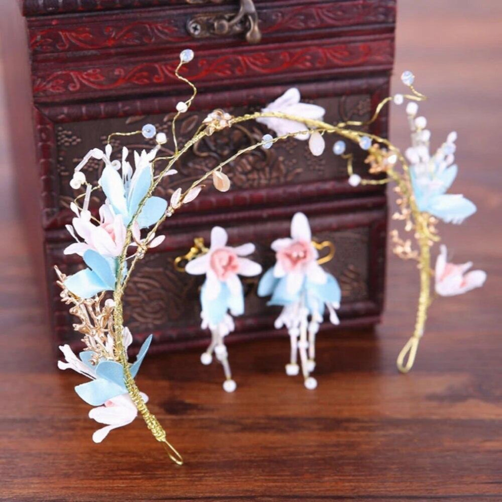 Wedding Bride Hairbands Earrings Jewelry Set Flower Alloy Hair Hoops Dangler Girls Headpiece Headbands Hair Jewelry