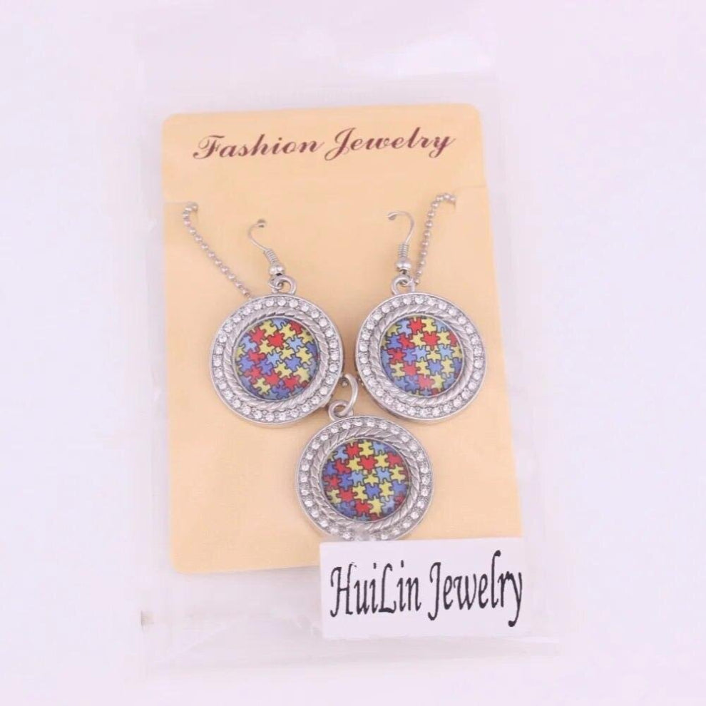 1set a Autism Awareness Jewelry Sets With Holes Crystal Puzzle Piece Jigsaw Hope Round Charm necklace earring set