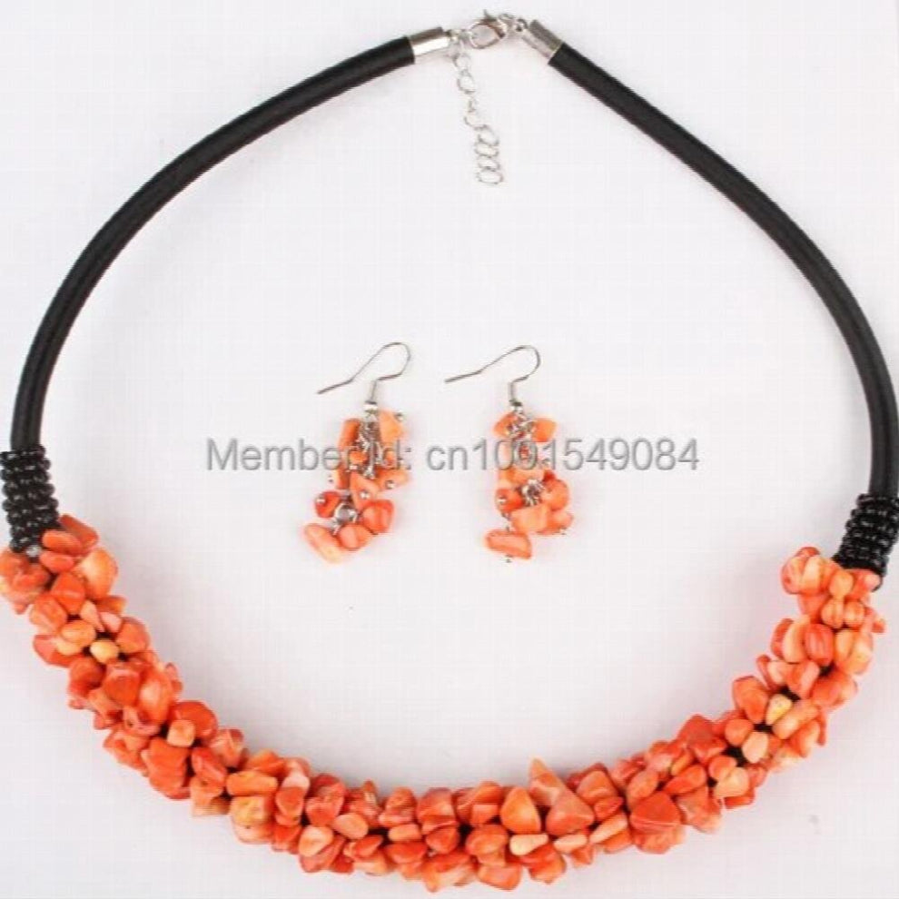 6X4MM Coral Chip Beads Rope Charm Necklace & Earring 1 SET