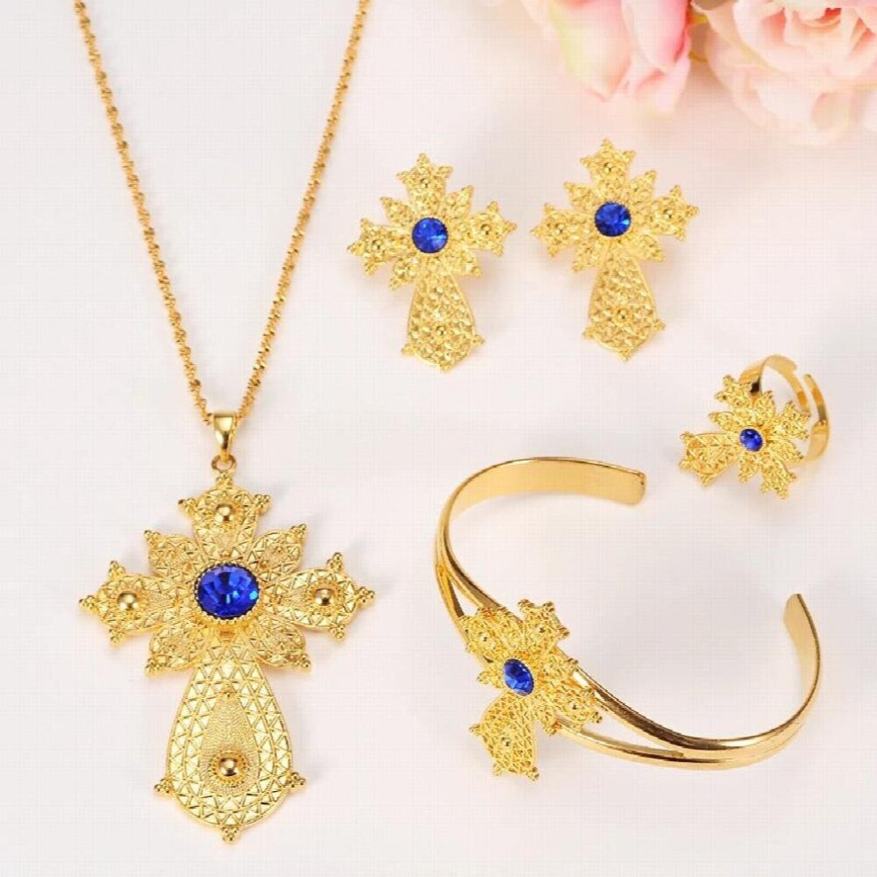 Ethiopian Rhinestone Cross Jewelry Set Necklace-Earrings-Ring-Bangle Habesha Africa Wedding