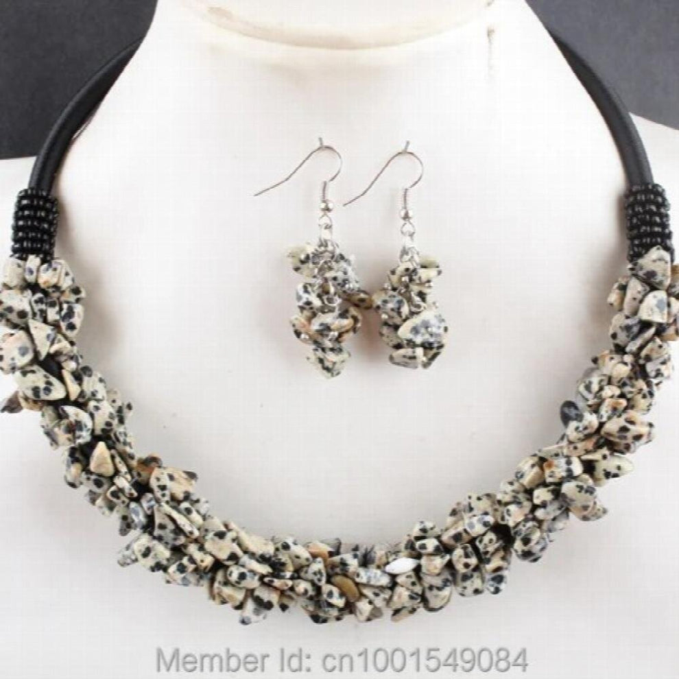 6X4MM Dalmatian Jaspers Stone Chip Beads Rope Charm Necklace & Earring 1 SET