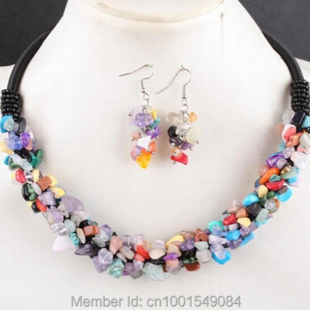 6X4MM Mixed Stone Purple Crystal Howlite Stone Chip Beads Rope Necklace & Earring 1 SET