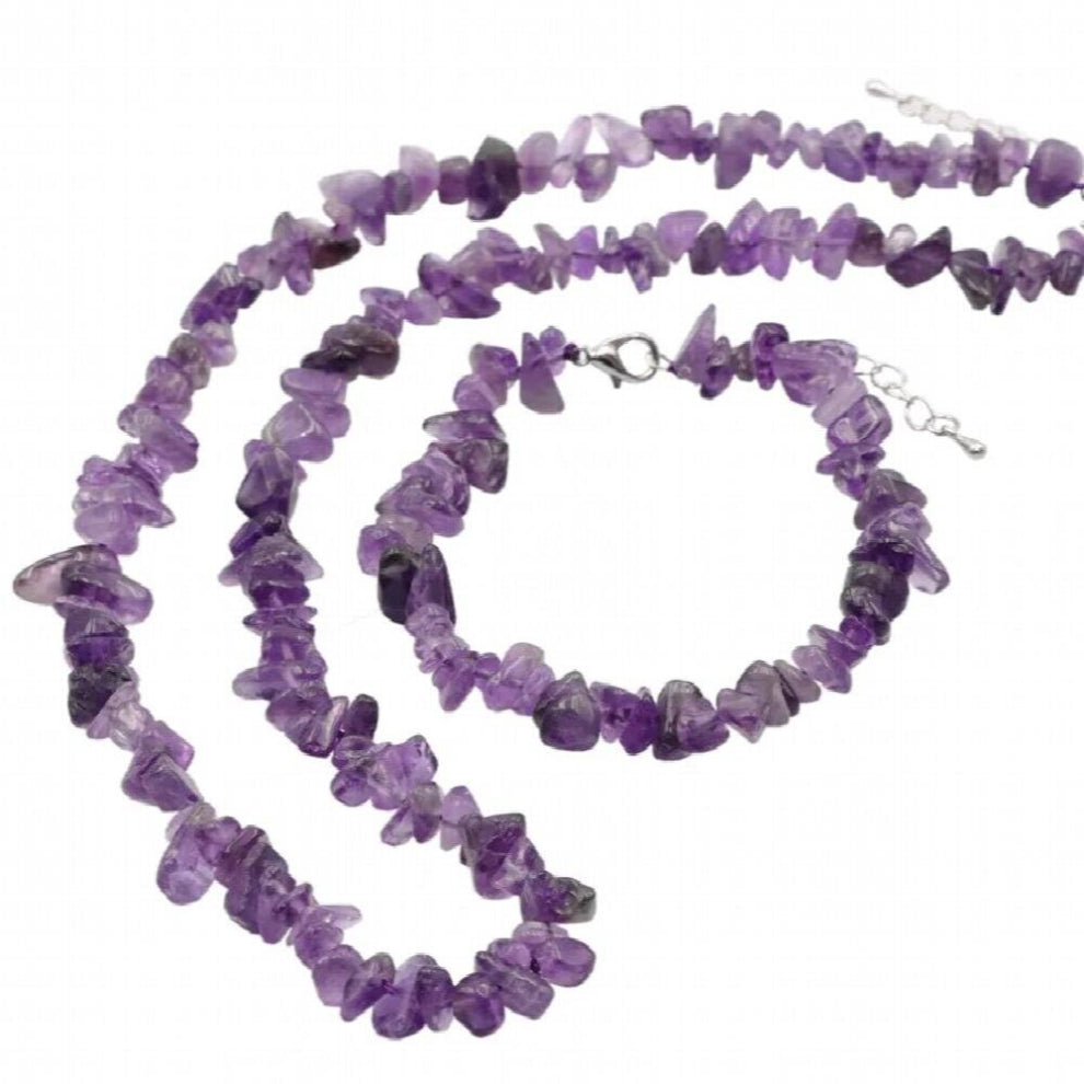 Cute-Romantic Natural Stone Gravel Irregular Amethysts Purple Crystals Stone Chips Beads Set Necklace Bracelet Jewelry Y1086