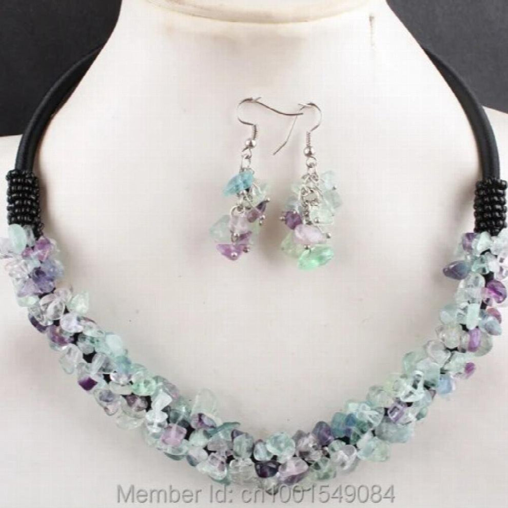 6X4MM Fluorite Chip Beads Rope Charm Necklace & Earring 1 SET