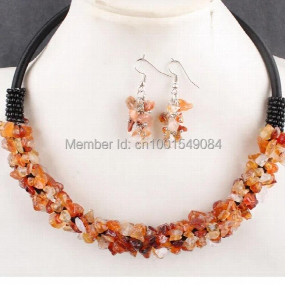 6X4MM Carnelian Chip Beads Rope Charm Necklace & Earring 1 SET