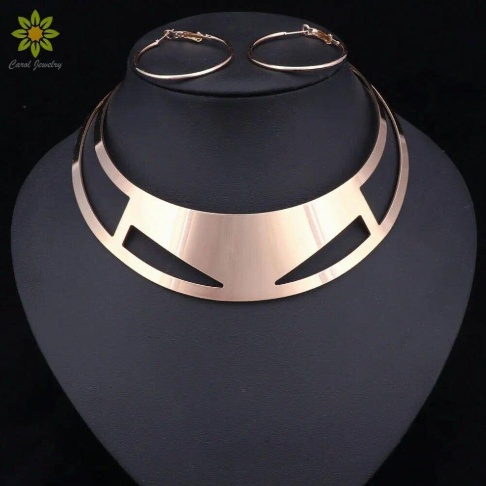 Punk Rock Tone Curved Mirrored Alloy Metal Statement Collar Necklace Earrings Sets