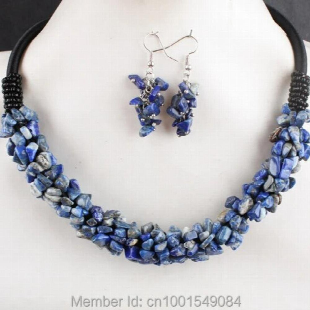 6X4MM Lapis Lazuli Chip Beads Rope Charm Necklace & Earring 1 SET