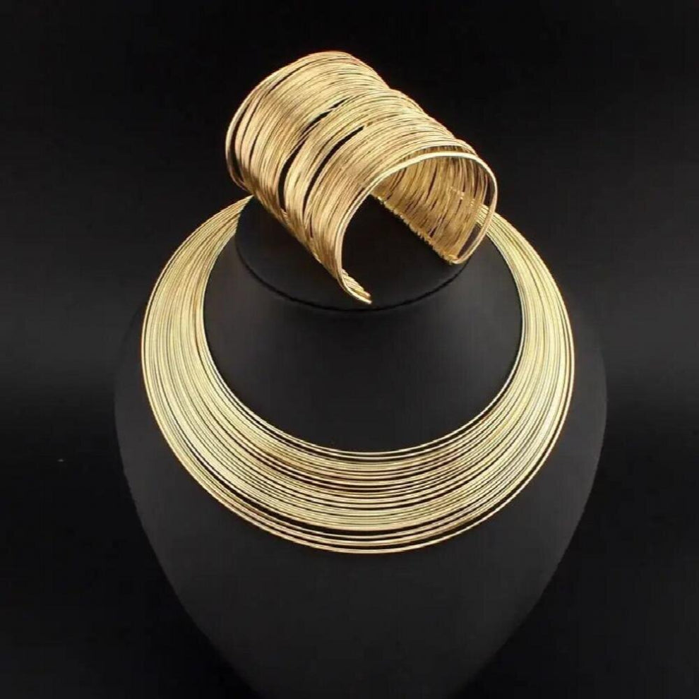 Punk Multilayer Metal Wire Chokers Cuff Bracelet Bangles Necklaces Sets For Women Statement Alloy Torque Set Jewelry