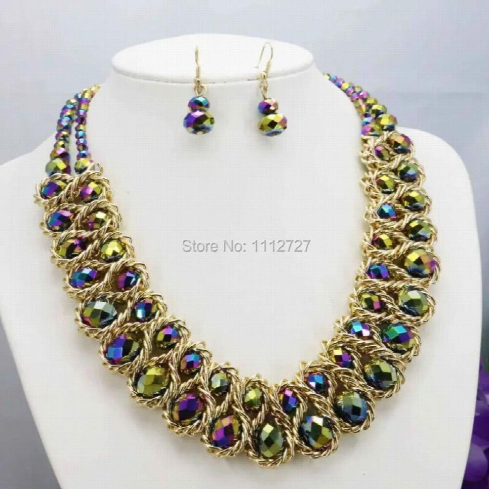 Hot Colorful Crystal Glass Beads Necklaces&Earrings Sets For Women Girls Gilfs Chain 3Row DIY Jewelry Crafts 18inch