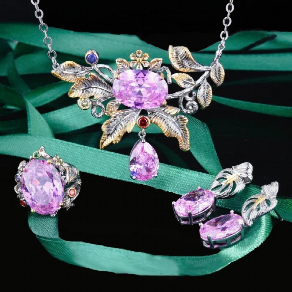 Hot Geometry Jewelry Set Vintage Leaf Flower Pendant Neckalce-Drop Earrings-Ring For Women Wedding Engagement Ornaments