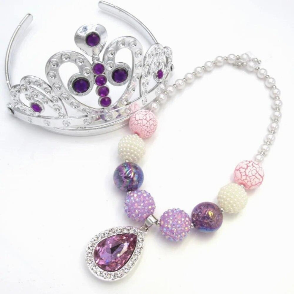 1set Baby Girls Gift Princess Purple Amulet Charm Infants Chunky Necklaces So fia Tiara Crown Jewelry Set For Children