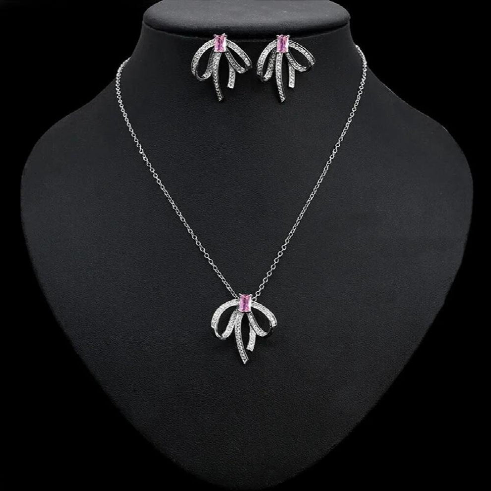 Butterfly Earrings Necklace Sets Hollow Bowknot Jewelry Set Colorful CZ Studs Chokers for Women Statement Jewelry