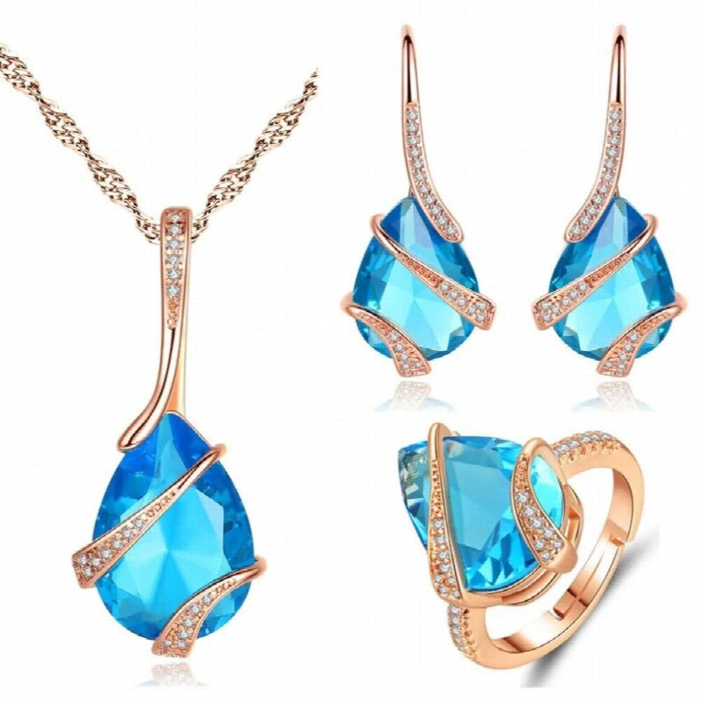 Rose - Silver Necklace Earrings Rings Jewlery Set Crystal Chokers for Women Gift