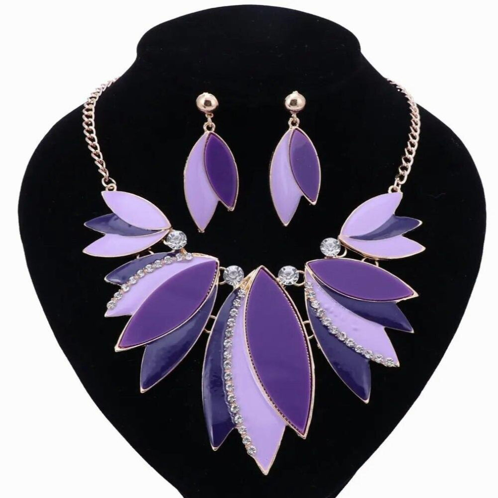 Women Wedding Leaves Crystal Enamel Choker Necklace Earrings Party Costume Accessories Jewelry Sets