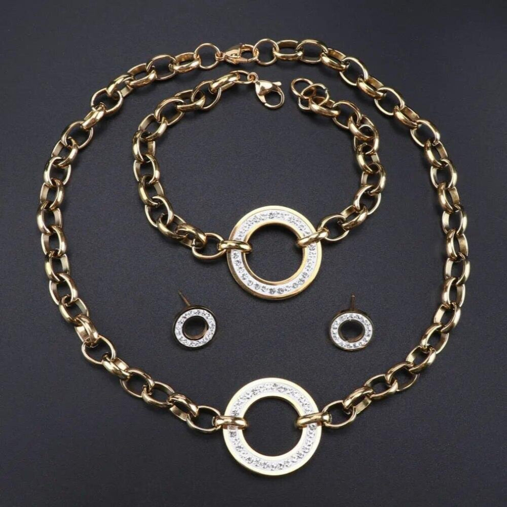 Women Stainless Steel CZ Crystal Necklaces&Pendants Earring Bracelet Wedding Jewelry Set