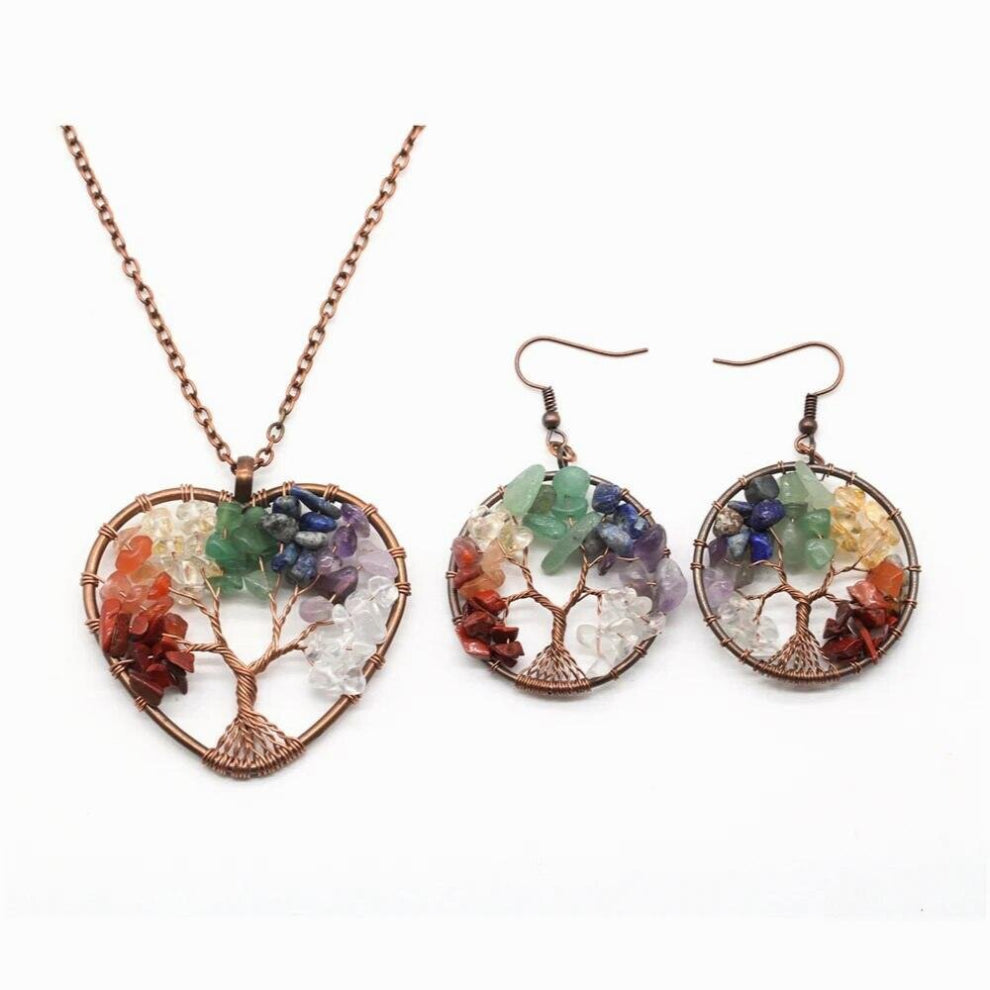 Life Tree Chip Stone Round Pendant Leather Necklace Earrings Set Crystal Stone Jewelry Women Party Gift Shippin GS010